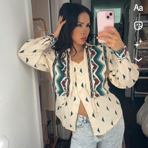 Vntg Roper Cream / Teal Aztec South Western Style Blouse